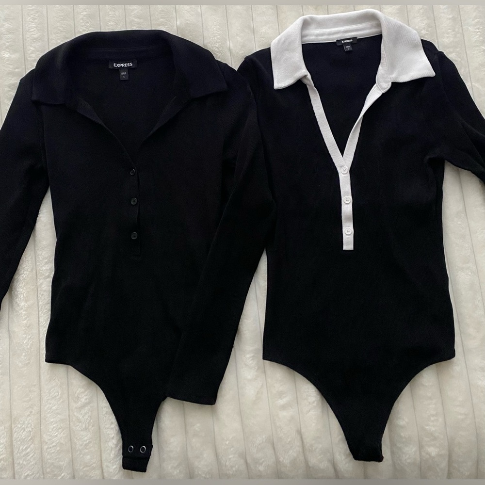 (2) Express Women’s Ribbed V-Neck Collar Bodysuits Shirt Black Size S